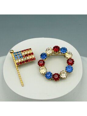 Vintage Rhinestone American Flag & Wreath Brooch Set Red White & Blue Patriotic
